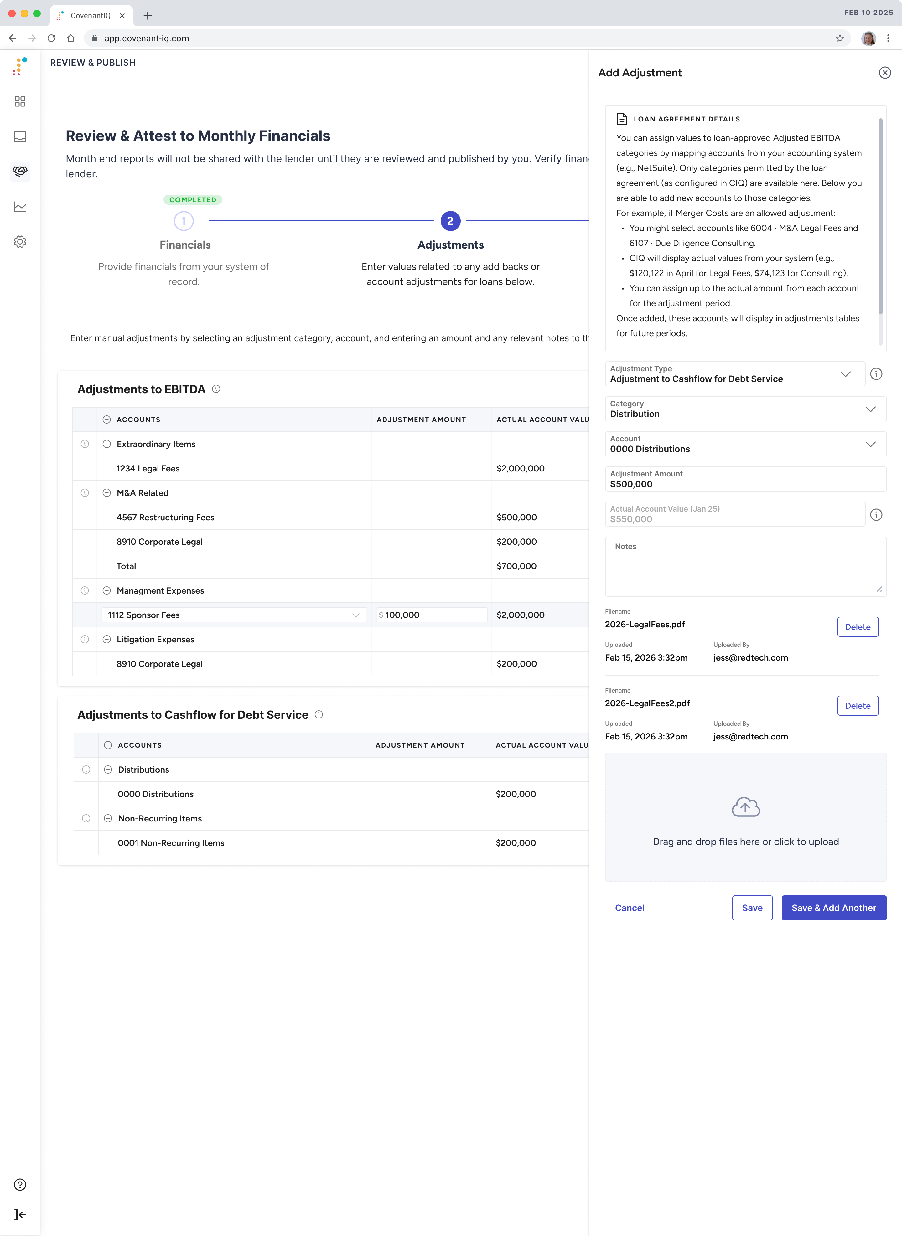 Adjustments step — EBITDA and cash flow adjustment entry with validation