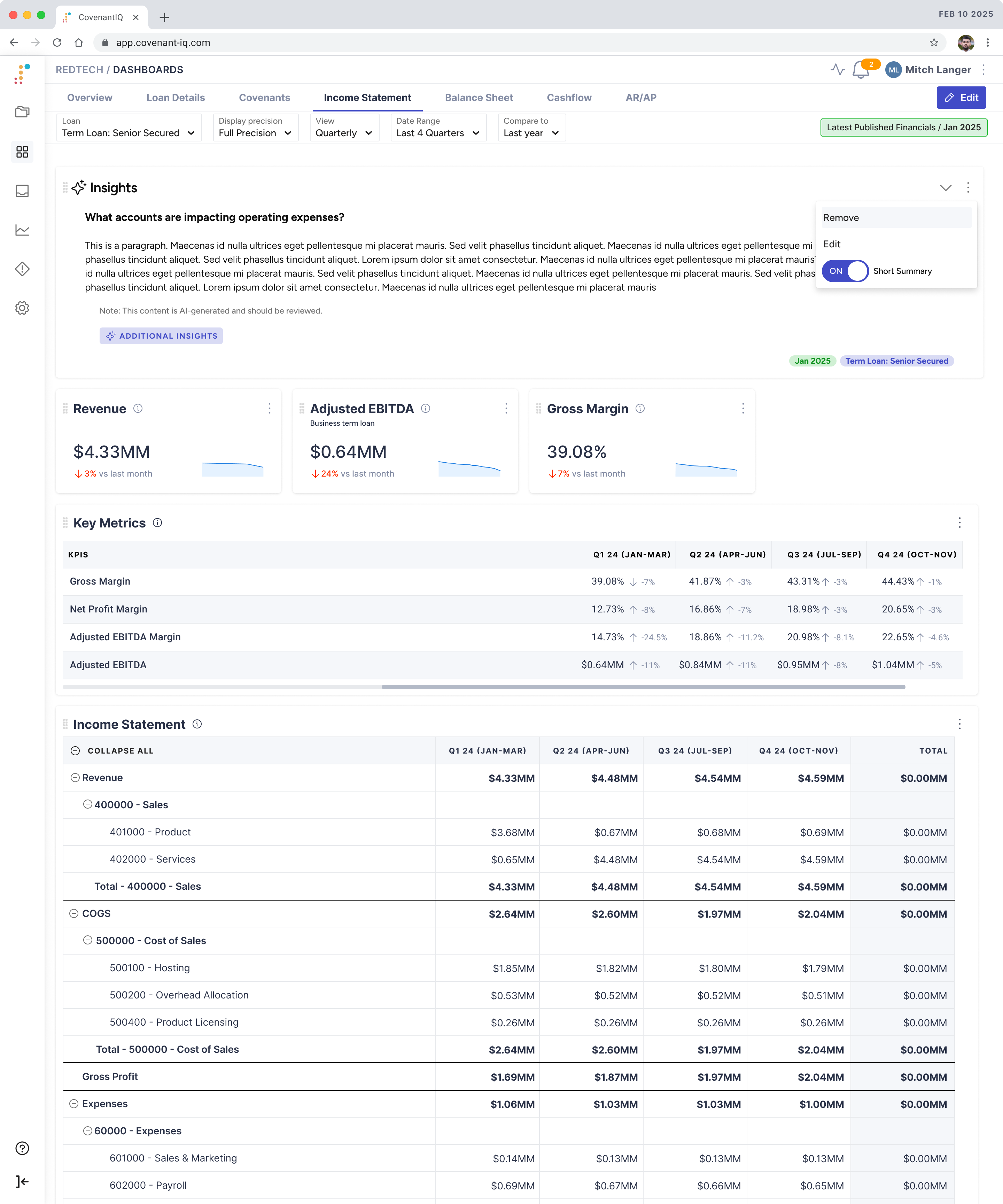 AI-powered insights panel showing automated covenant analysis