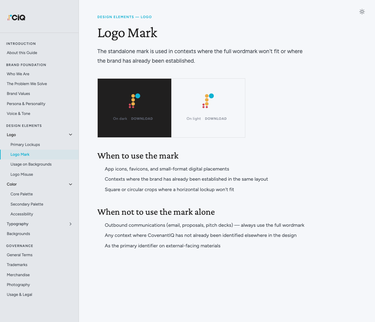 Brand guidelines site — Logo Mark section showing standalone icon mark on dark and light backgrounds