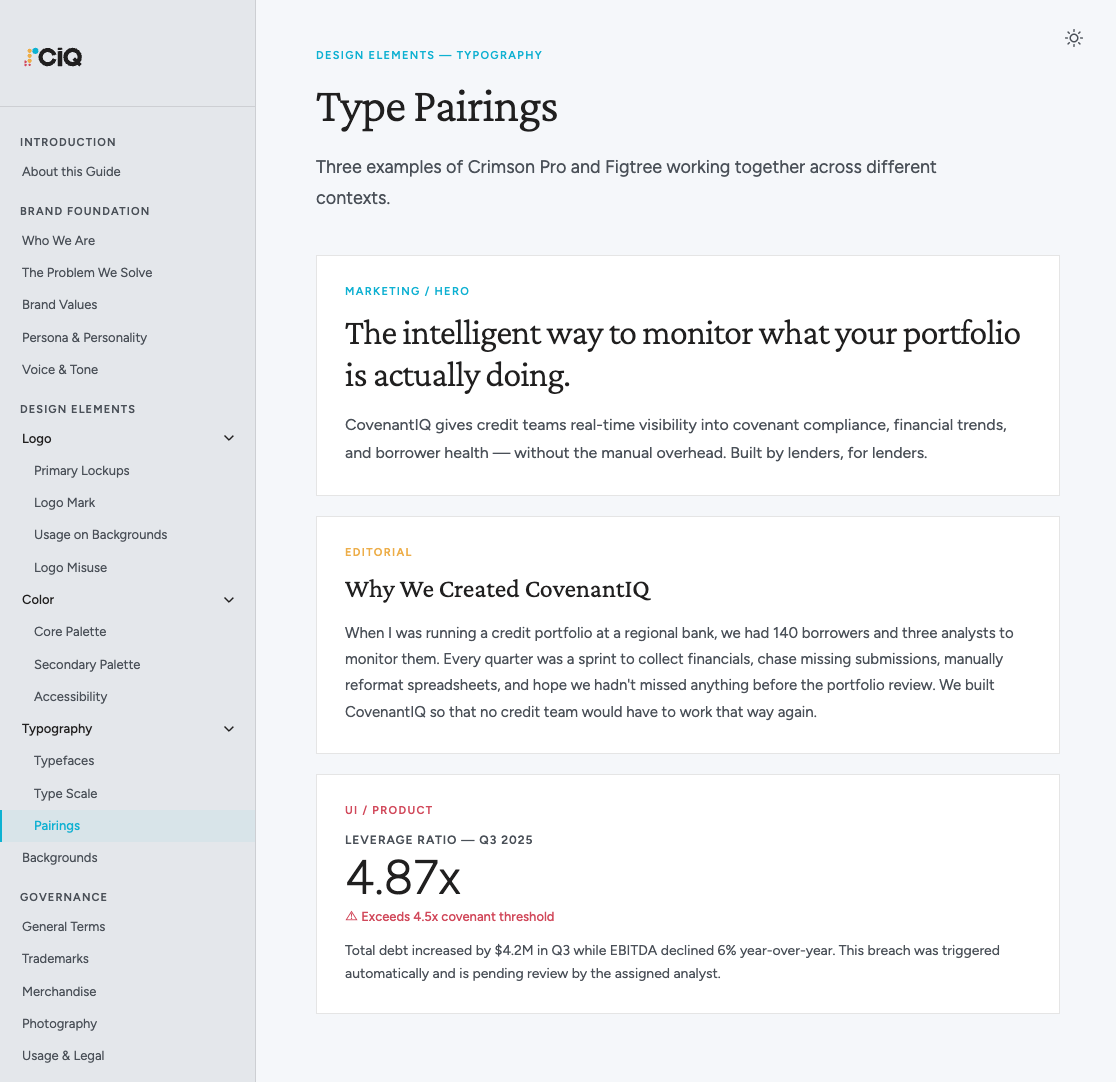 Brand guidelines — typography pairings showing Marketing/Hero, Editorial, and UI/Product usage contexts